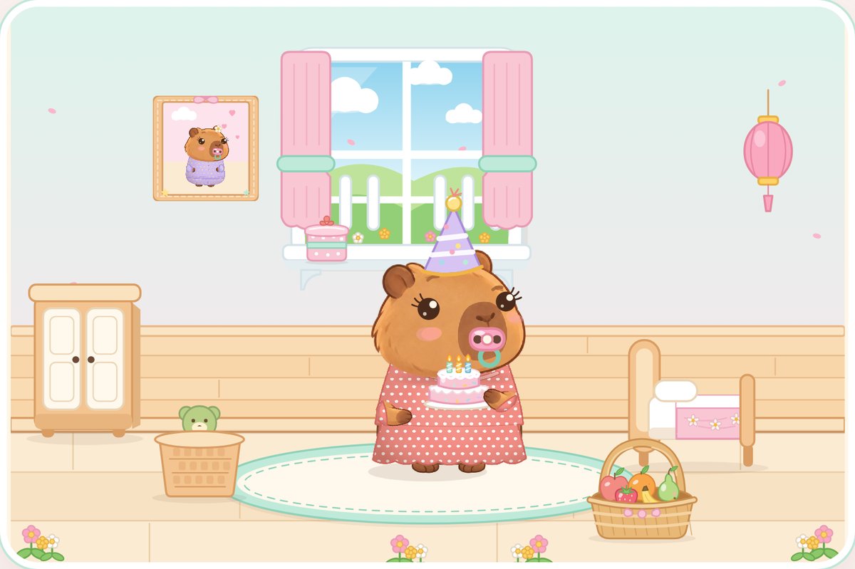 Baby Cappy celebrating with a birthday cake and candles in her house.
