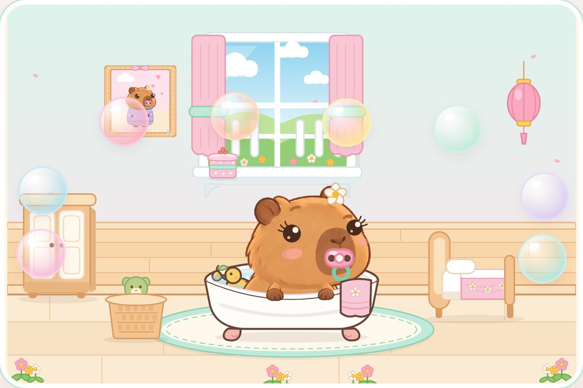 Baby Cappy watching colourful bubbles in the game's bubble play activity.