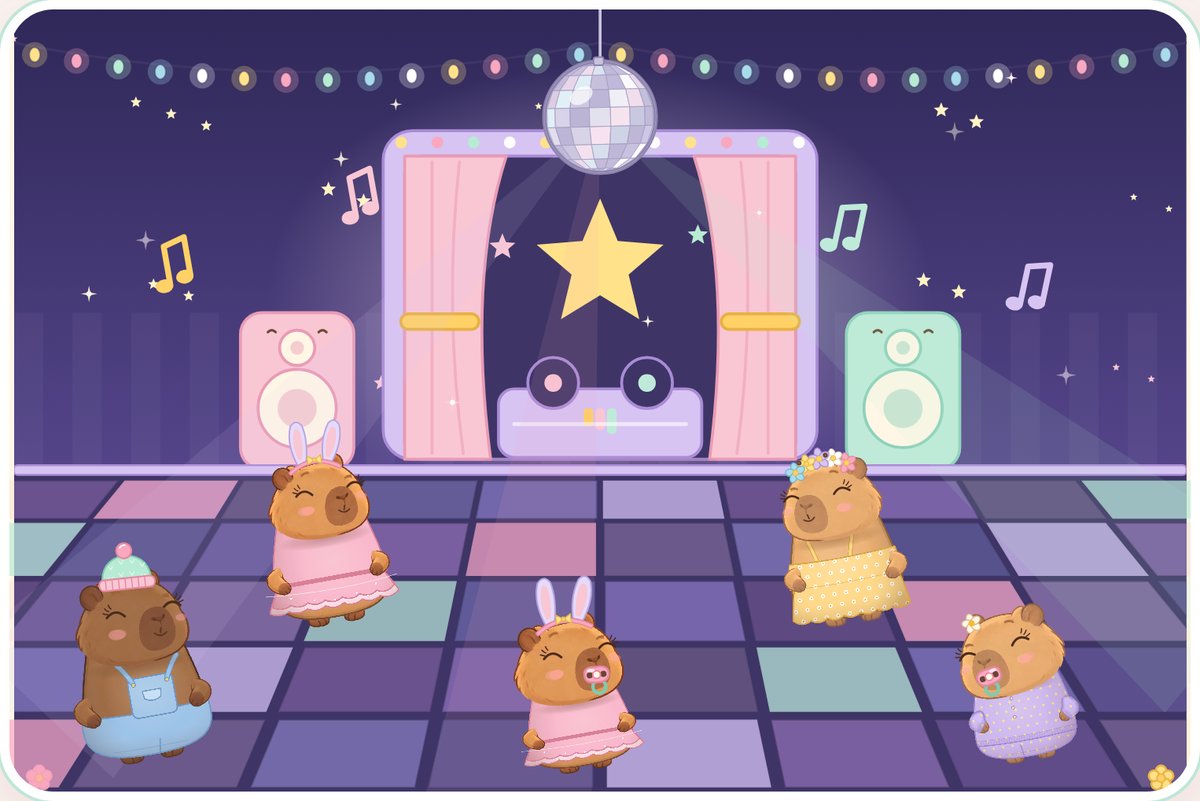 Baby Cappy dancing with capybara friends in the disco.