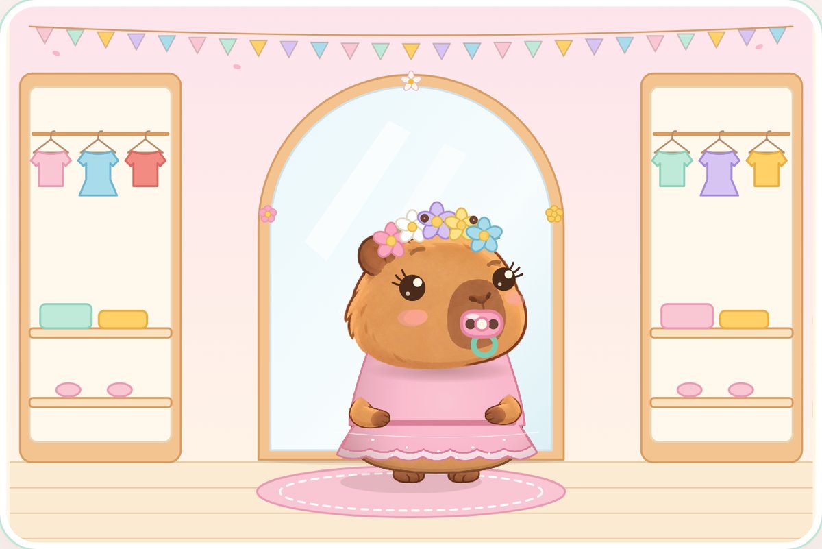 Baby Cappy wearing a ballet tutu and flower crown, with her pink dummy and mint ring.