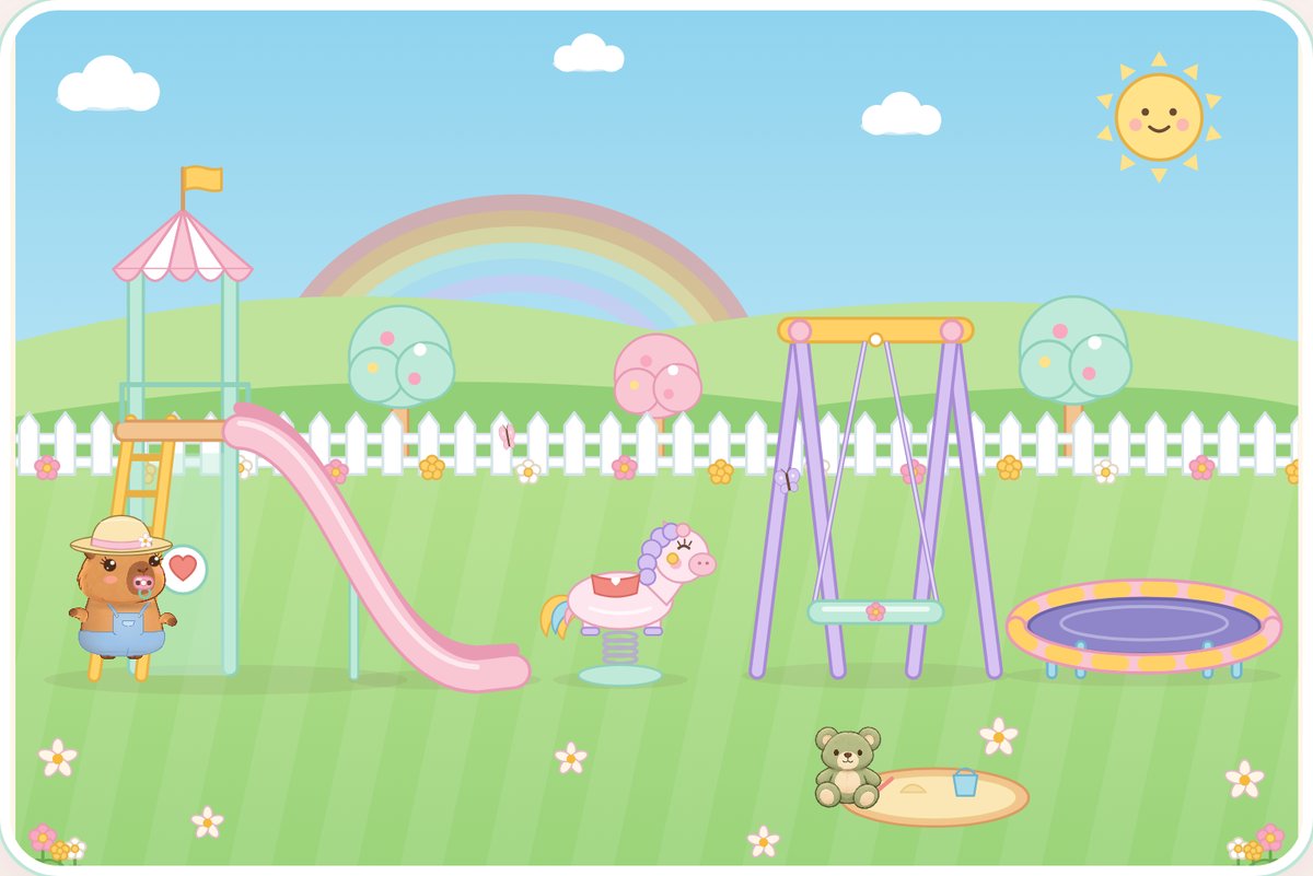 Baby Cappy playing on the slide in the pastel playground.