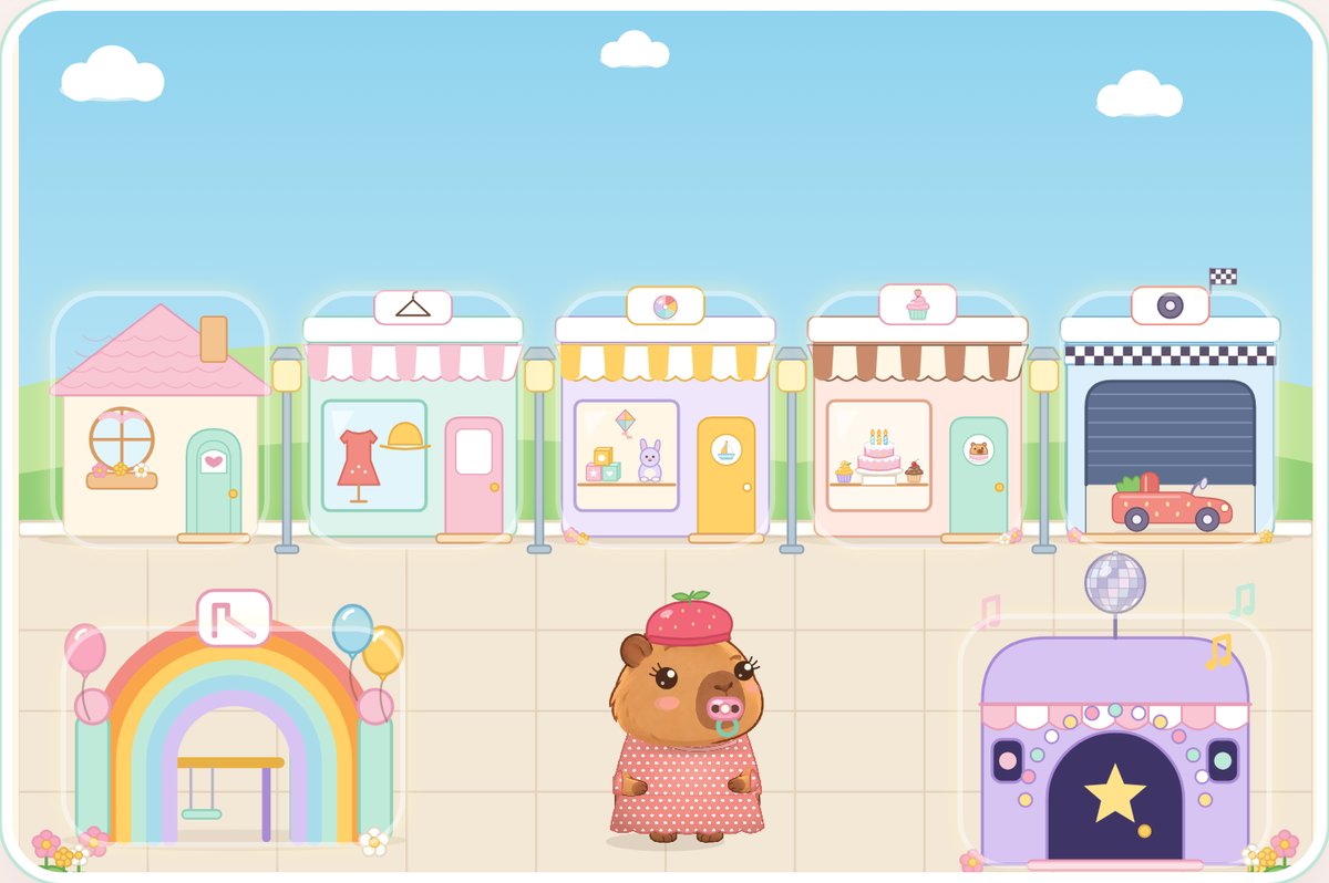 Baby Cappy exploring the pretend shops on Cappy’s Shopping Street, with her pink dummy and mint ring.